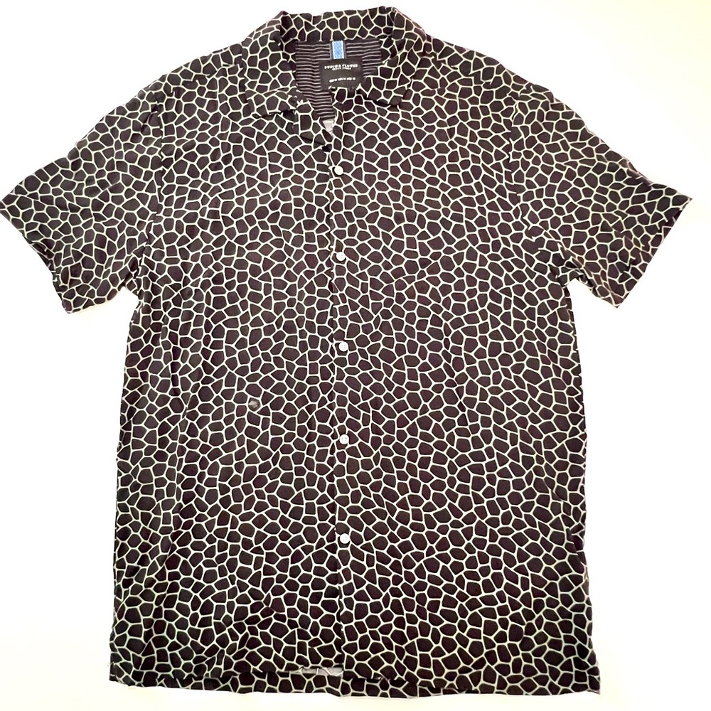 EUC M Denim & Flower Button Down Short Sleeve Shirt Black & Light Sage Green 011